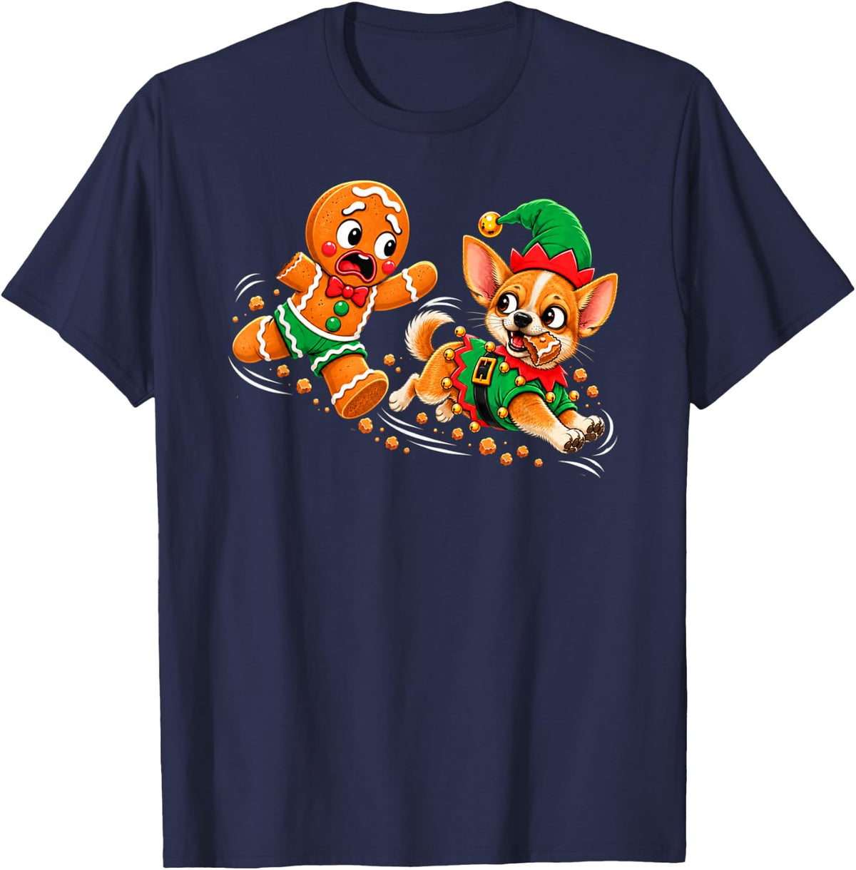 Gingerbread Cookie Chasing Chihuahua Christmas Dog Xmas Elf T-Shirt - Navy Blue