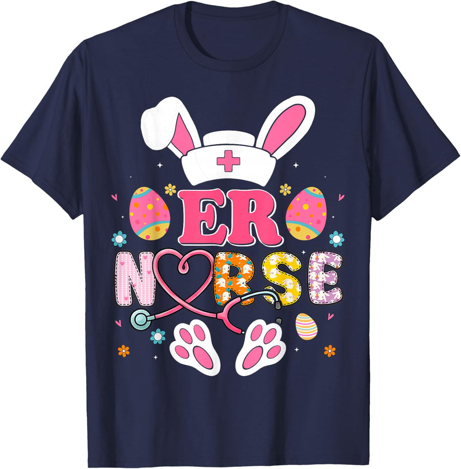 ER Easter Crew Bunny Emergency Room Nurse Easter Day T-Shirt - Navy Blue