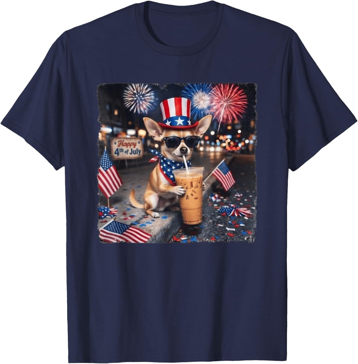 Funny Chihuahua Drinking Iced Coffee 4th of July Patriot Dog T-Shirt - Navy Blue