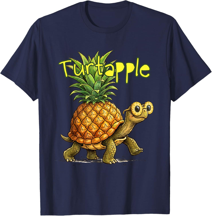 Cute Turtle with Pinapple Funny T-Shirt - Navy Blue