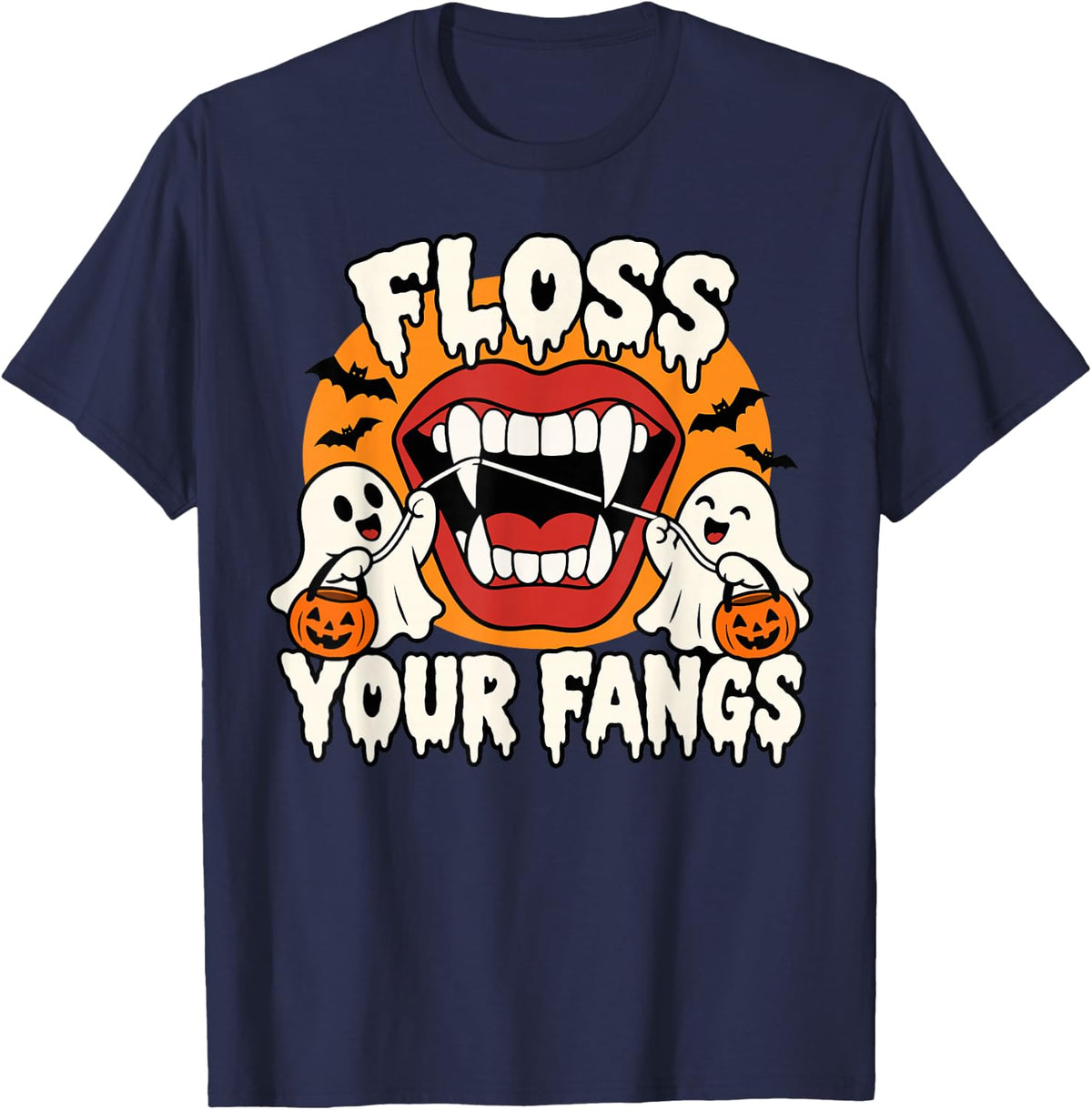 Floss Your Fangs Vampire Dentist Halloween Dental Humor T-Shirt - Navy Blue