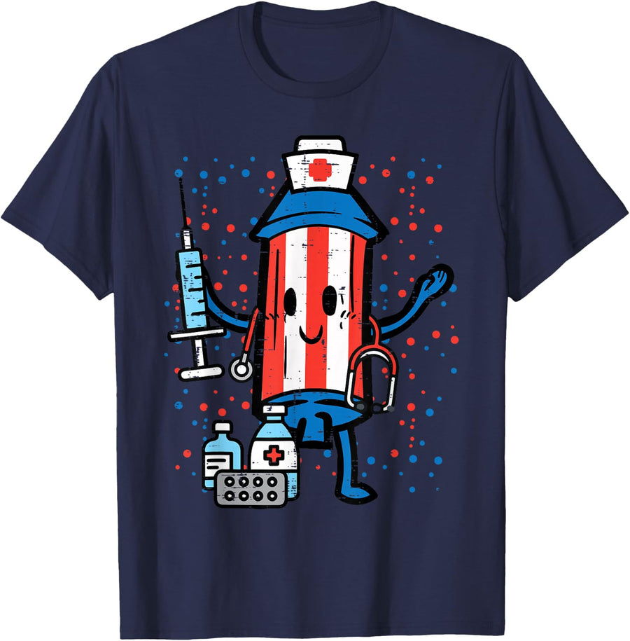 4th of July Firecracker Nurse Funny America Scrub Top Women T-Shirt - Navy Blue