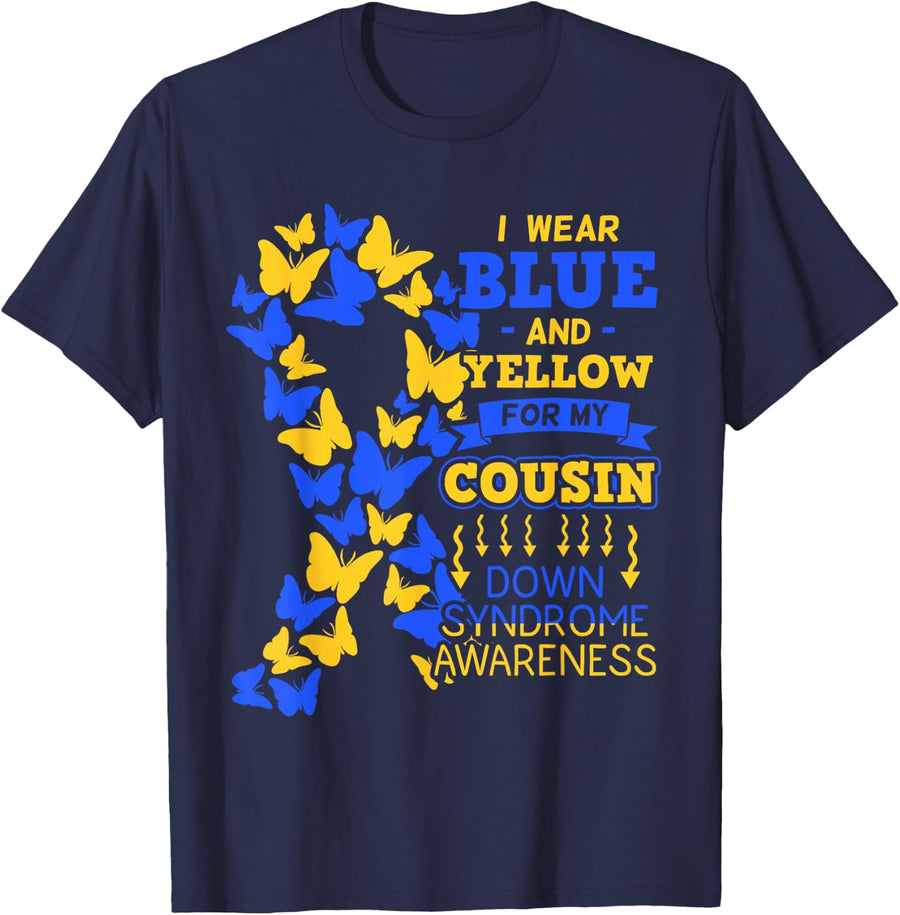 Down Syndrome Chromosome 21 Butterfly Ribbon Cousin Gift T-Shirt - Navy Blue