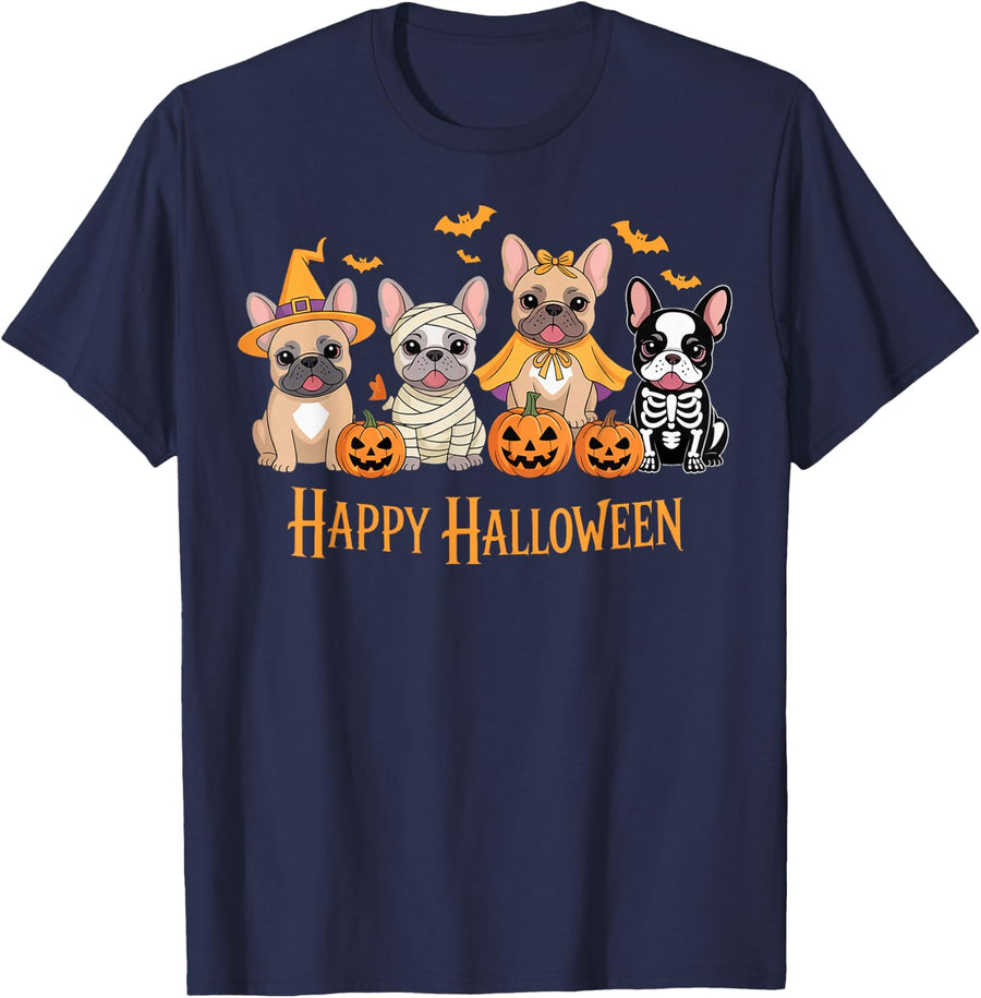 Halloween French Bulldog Dogs Pumpkin Funny Gifts T-Shirt - Navy Blue