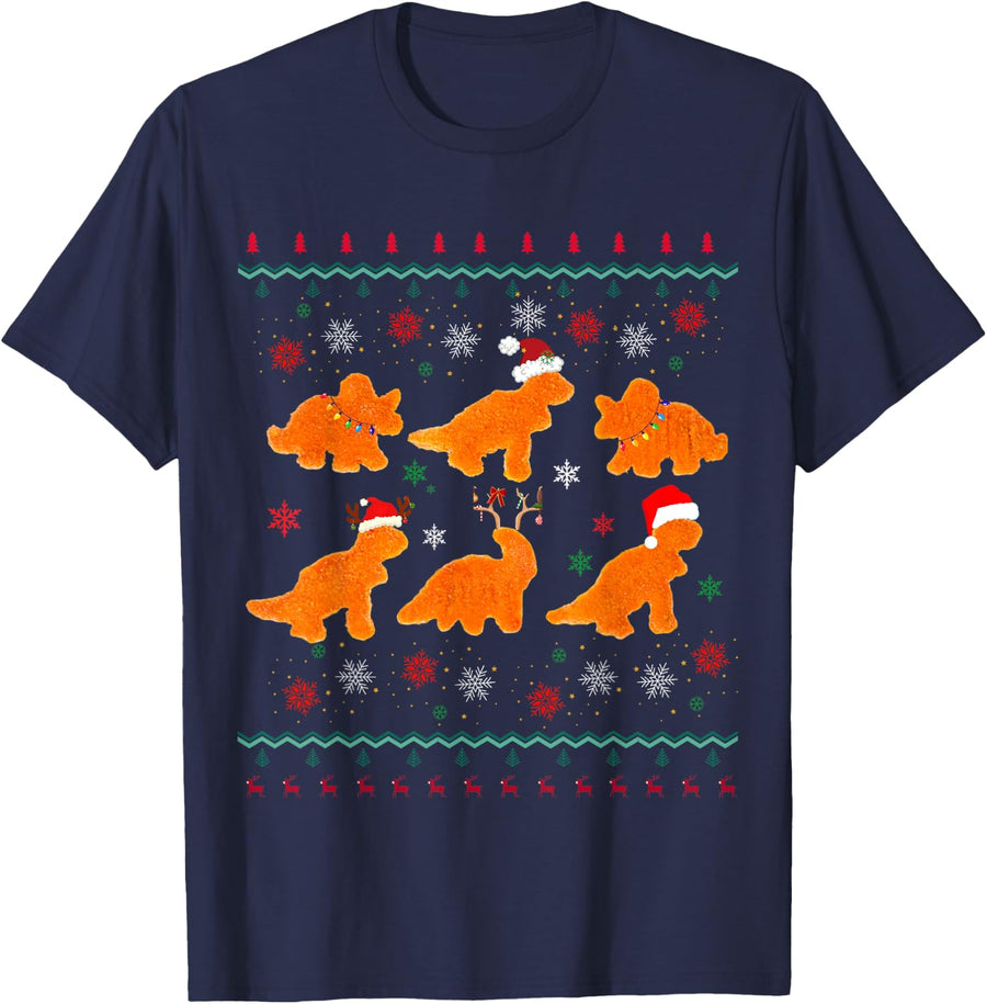 Dinosaur Chicken Nuggets Ugly Christmas Sweater styleFunny T-Shirt - Navy Blue