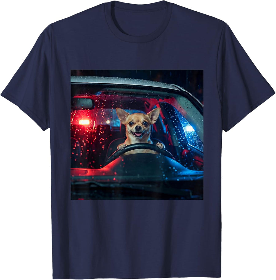 Chihuahua Driving Car Police T-Shirt Funny Dog Cop Tees for Men Women - Navy Blue