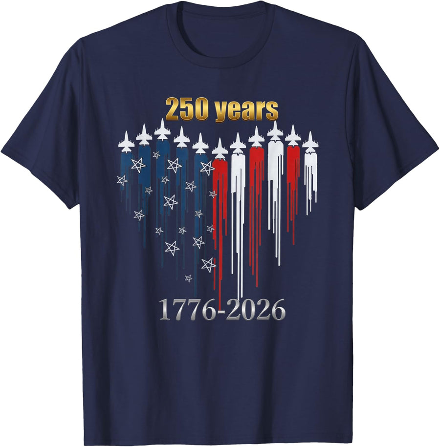 250th Anniversary America Jet Heart Flag 250 Years 4th July T-Shirt - Navy Blue