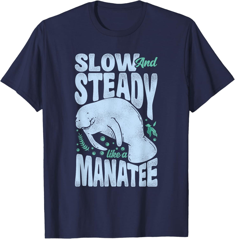 Slow and Steady Like a Manatee - Floaty Potatoes Manatee T-Shirt - Navy Blue
