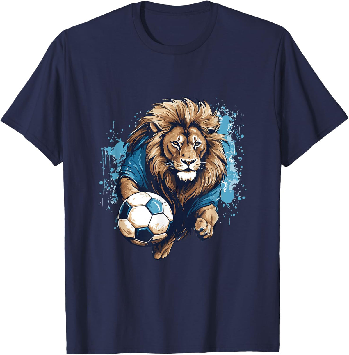 Lion Playing Soccer Funny Animal T-Shirt - Navy Blue