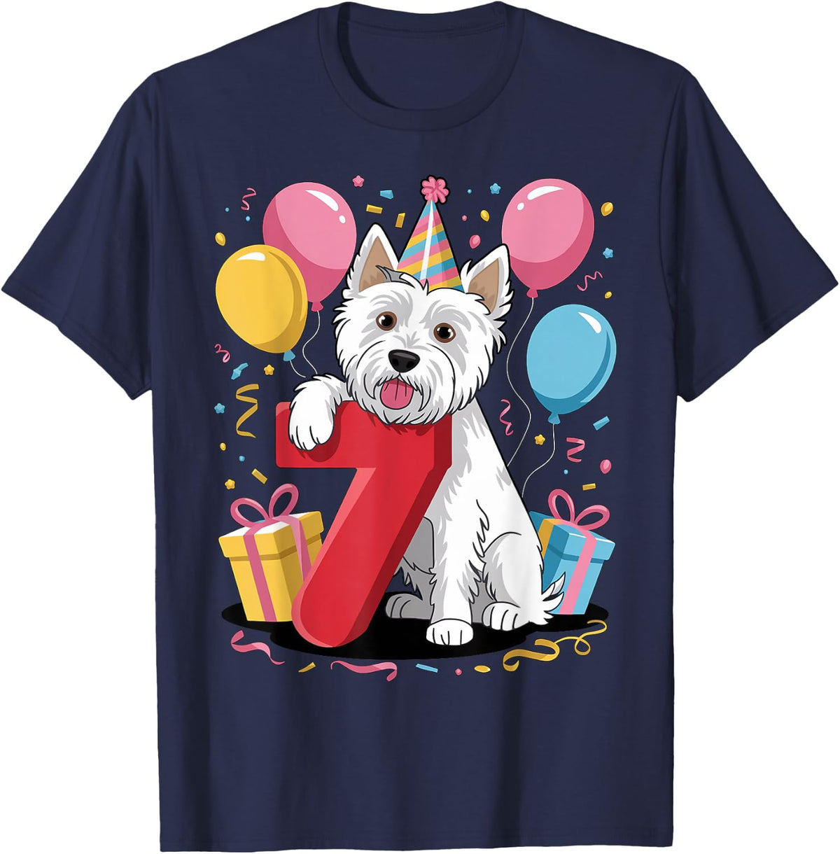 Westie dog 7th birthday boy girl 7 years old seven Westie T-Shirt - Navy Blue
