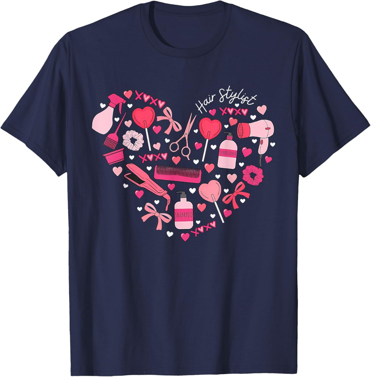 Cute Heart Hair Stylist Valentine Day Cosmetologist Barber T-Shirt - Navy Blue