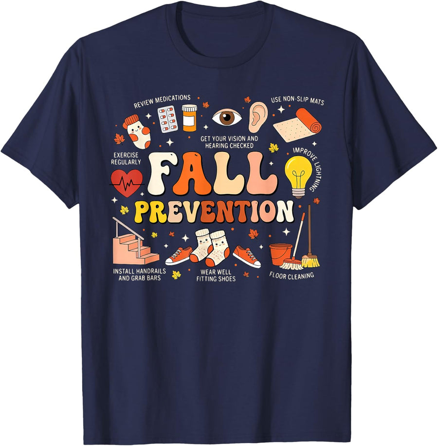 Fall Prevention Autumn Physical Therapy PT OT OTA Halloween T-Shirt - Navy Blue