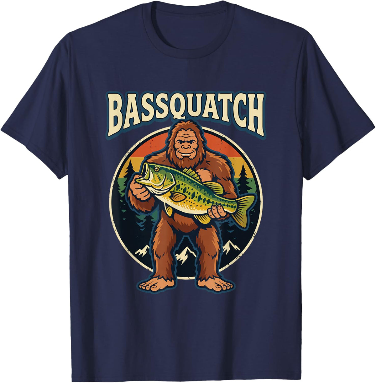 Bigfoot Fisherman Bassquatch Bass Fishing T-Shirt - Navy Blue