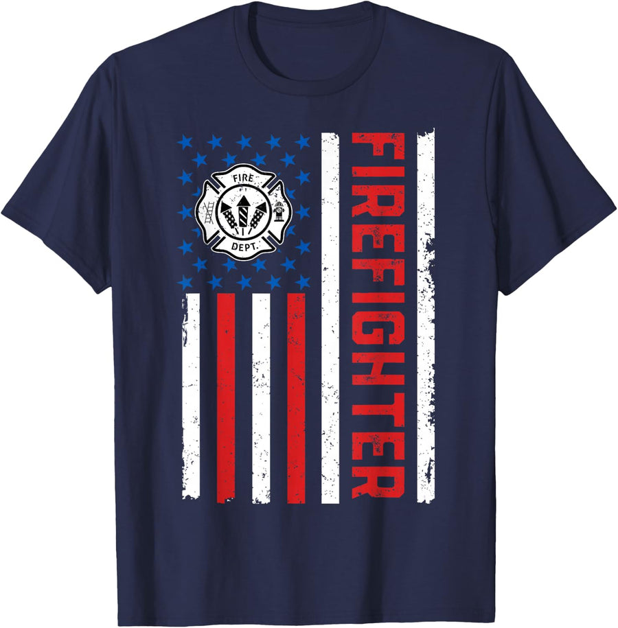 USA Flag American Patriotic Firefighter 4th of July T-Shirt - Navy Blue