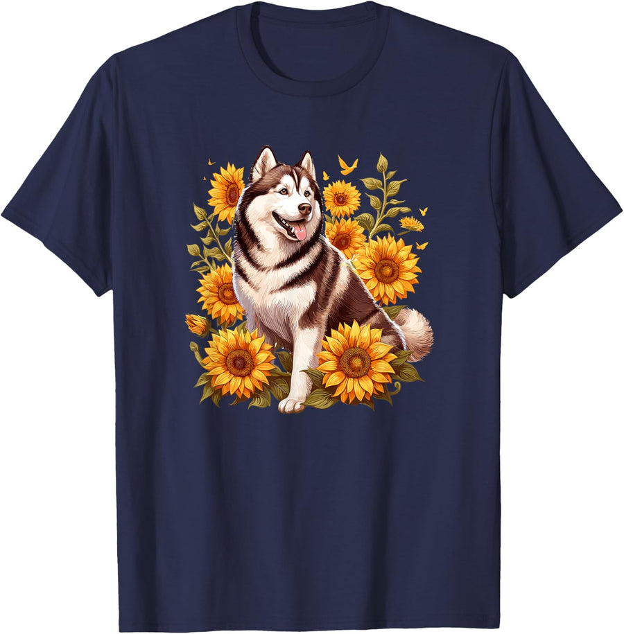 Cute Womens Girls Flowers Floral Siberian Husky Dog Lover Tees T Shirts - Navy Blue