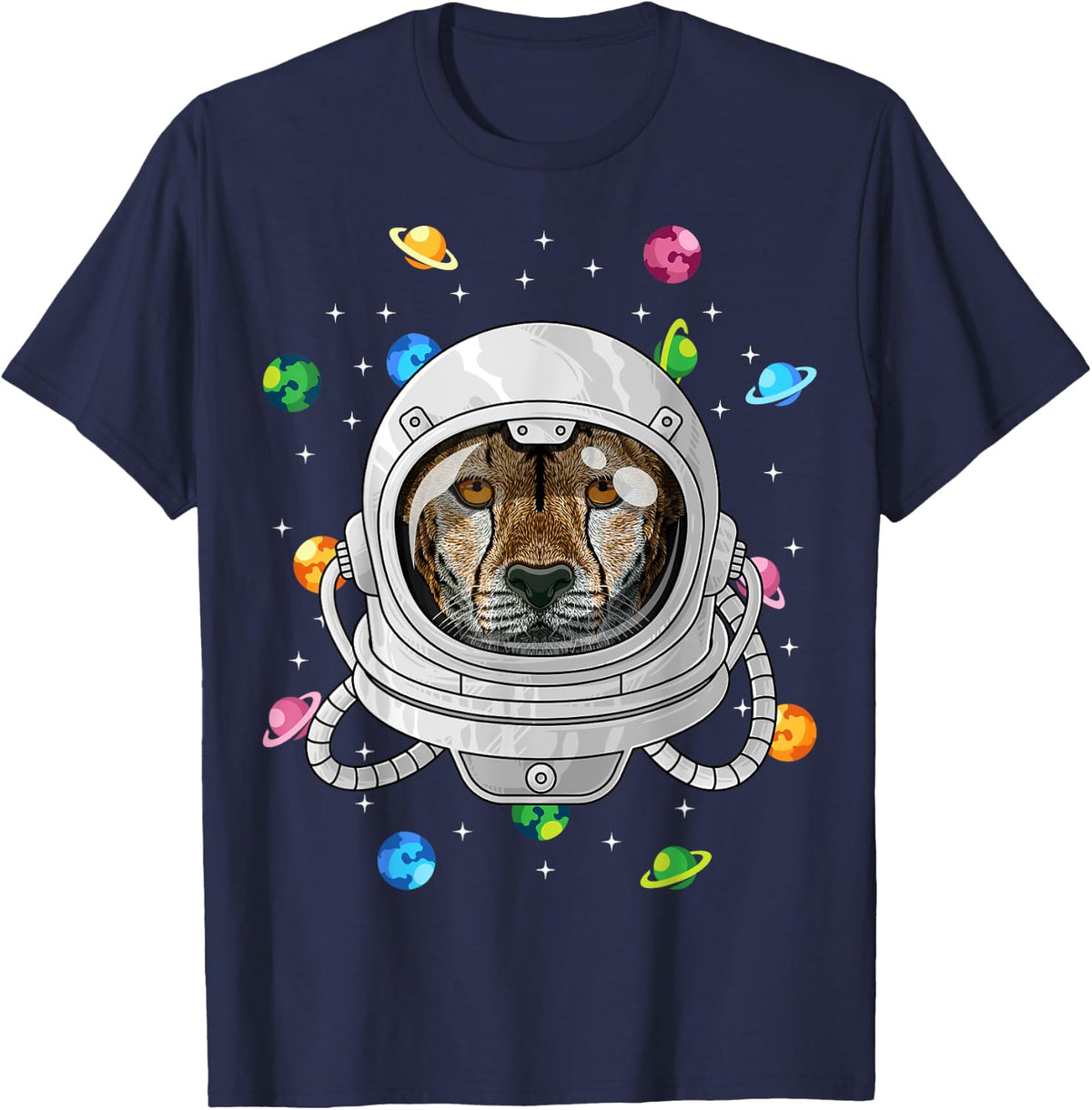 Cheetah Astronaut Animal Deep In Space Cosmic Universe T-Shirt - Navy Blue