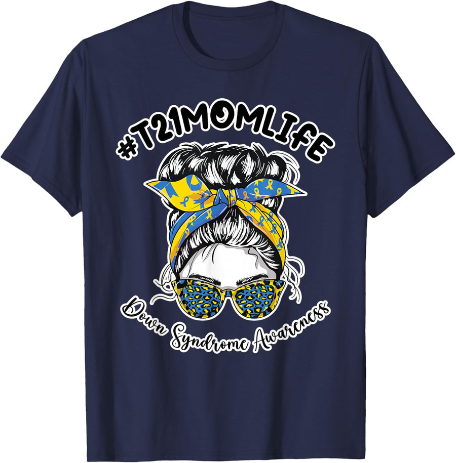 Down Syndrome Awareness T Shirt Mom T21 Mama Messy Bun Leopard Tee For Women - Navy Blue