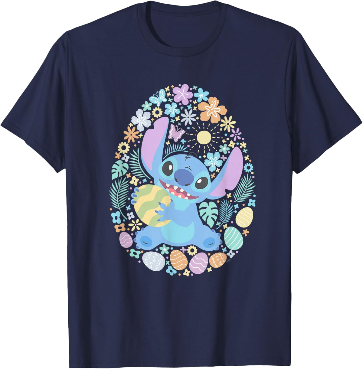 Disney Lilo & Stitch Easter Egg Flowers Spring Pastel Colors T-Shirt - Navy Blue