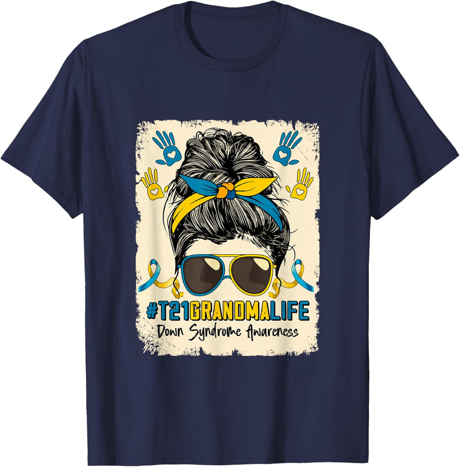 Grandma Proud Down Syndrome Awareness Woman Messy Bun Family T-Shirt - Navy Blue