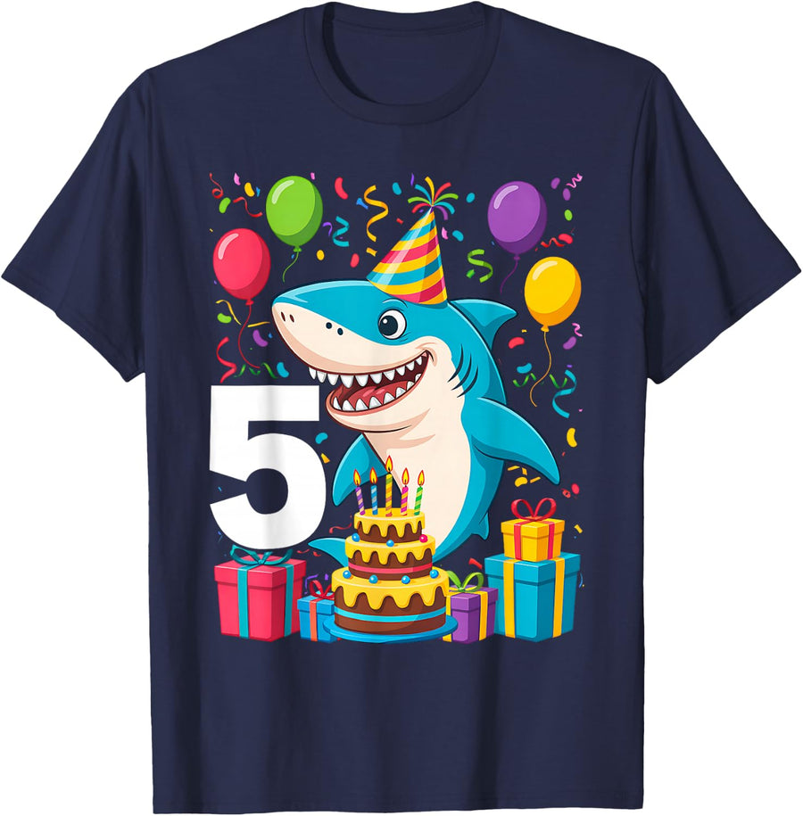 5th Birthday Shark | Cute 5 Year Old Shark T-Shirt - Navy Blue