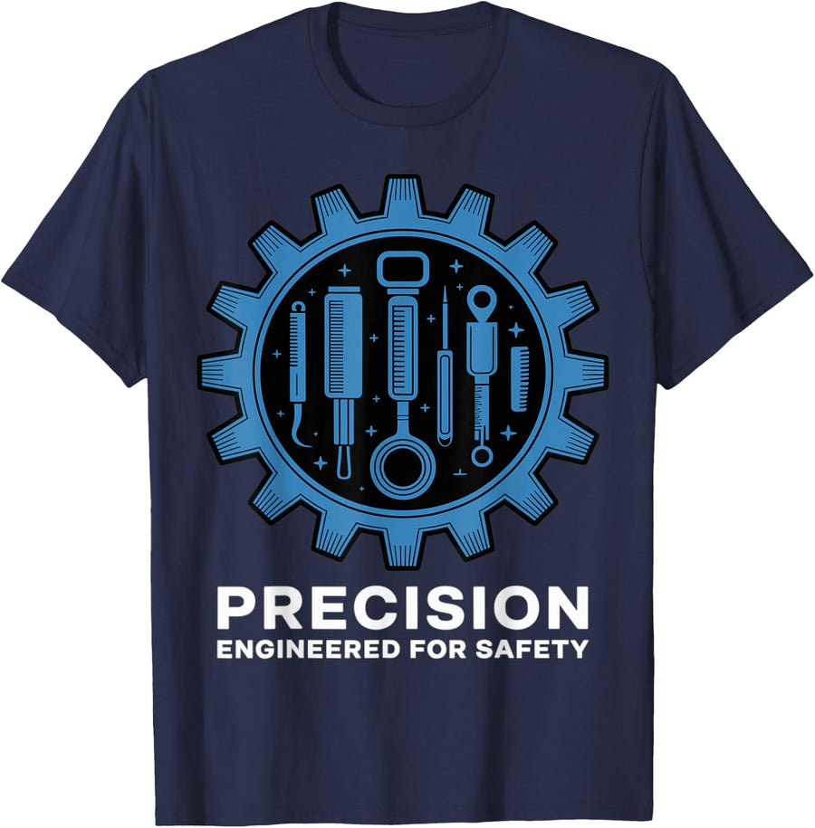 Precision Engineered for Safety Gear Tools Design T-Shirt - Navy Blue