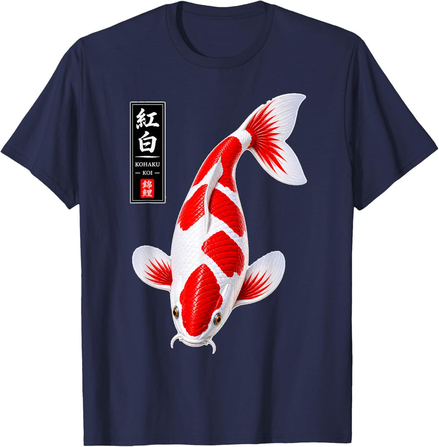Kohaku Koi Fish Nishikigoi Red & White Carp T-Shirt - Navy Blue