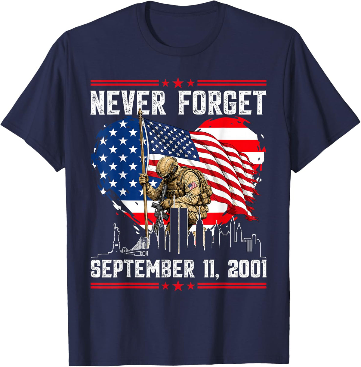 Never Forget 25th Anniversary September 11 2001 Memorial Day T-Shirt - Navy Blue