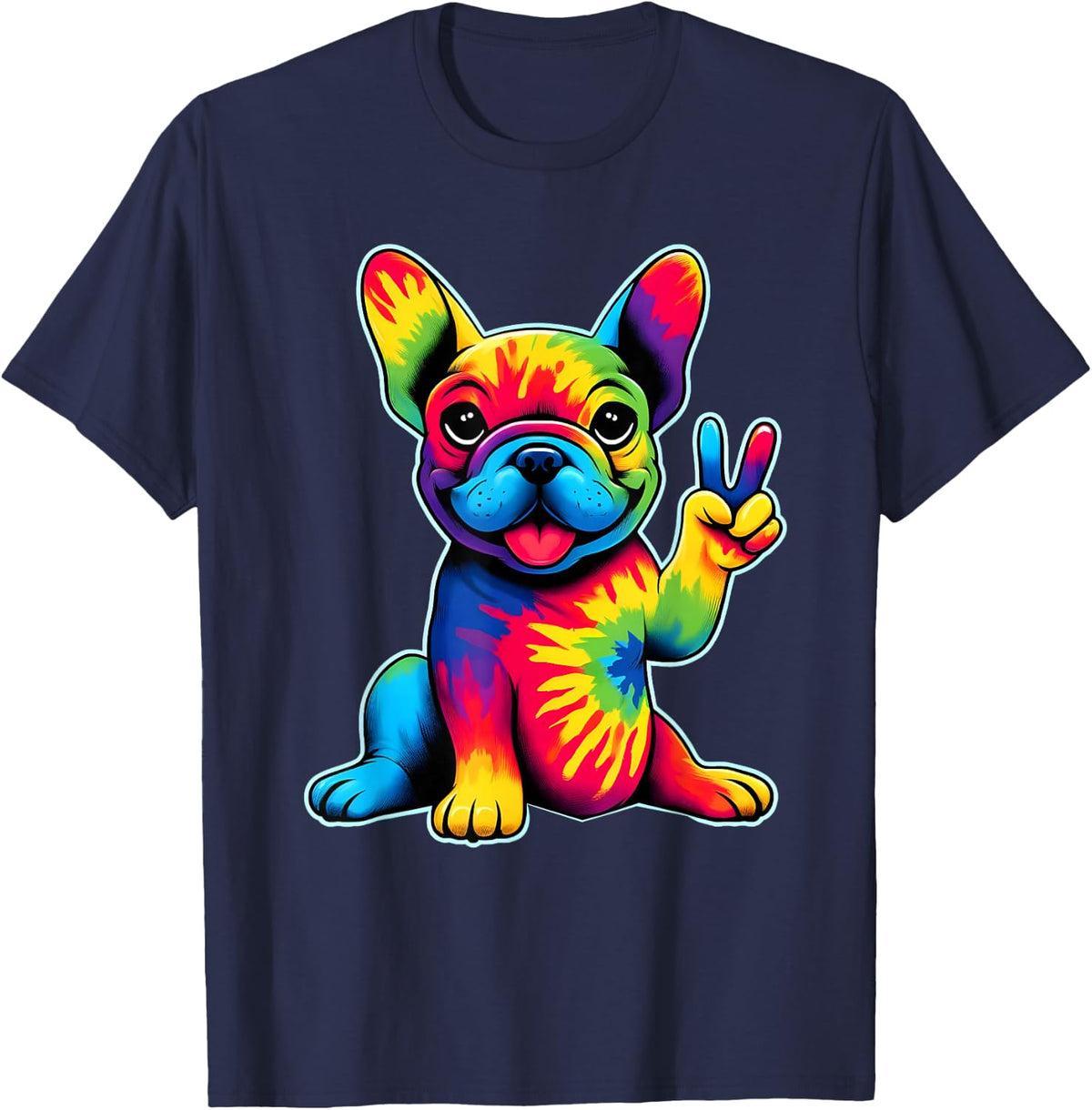French Bulldog Tie Dye Frenchie Dog Lovers Peace Sign Hippie T-Shirt - Navy Blue