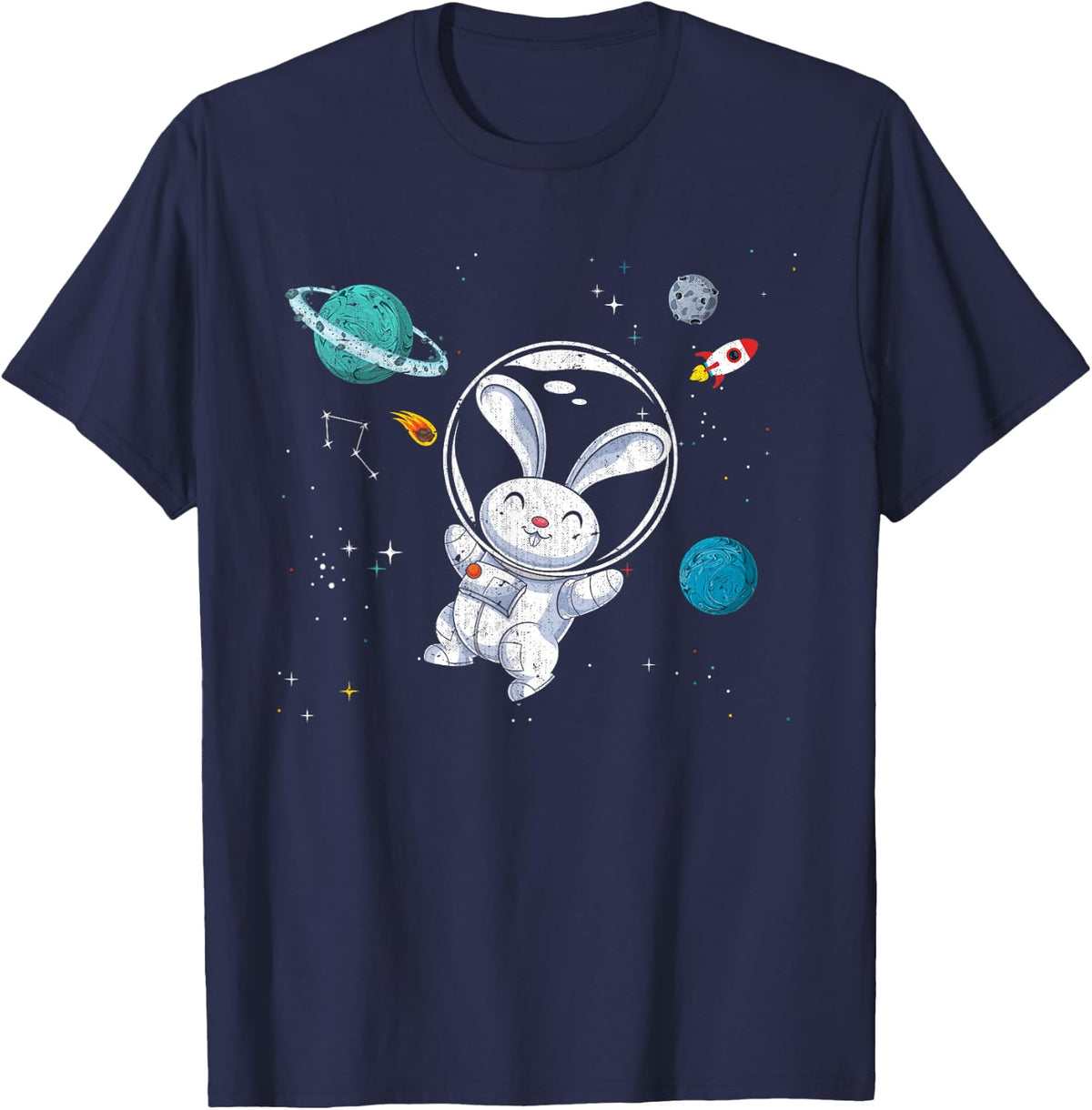 Space Rabbit Astronaut T-Shirt Tees Bunny Rocket Planets Outer Space Shirt For Kids - Navy Blue