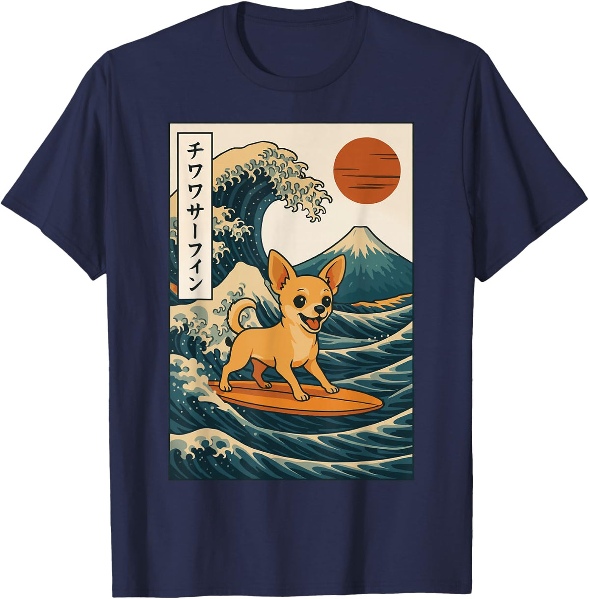 Chihuahua Surfing Japanese Wave Tees T-Shirt Dog Lover Gift Surf Art Tee - Navy Blue