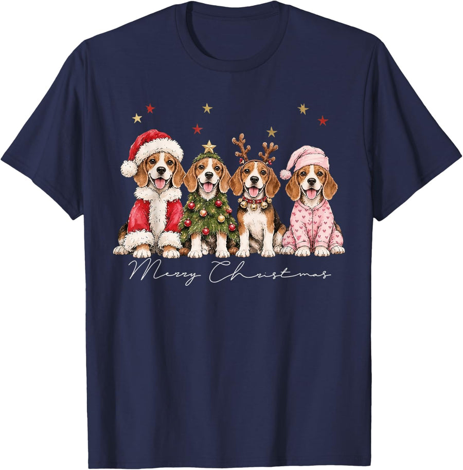 Merry Christmas Beagle Dog Santa Tree Reindeer Kids T-Shirt - Navy Blue