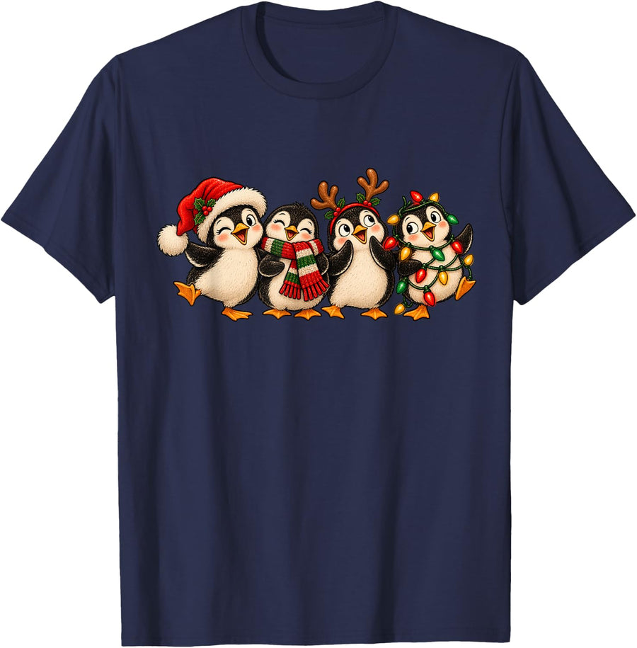 Cute Christmas Penguins Festive Holiday Penguin Lover T-Shirt - Navy Blue