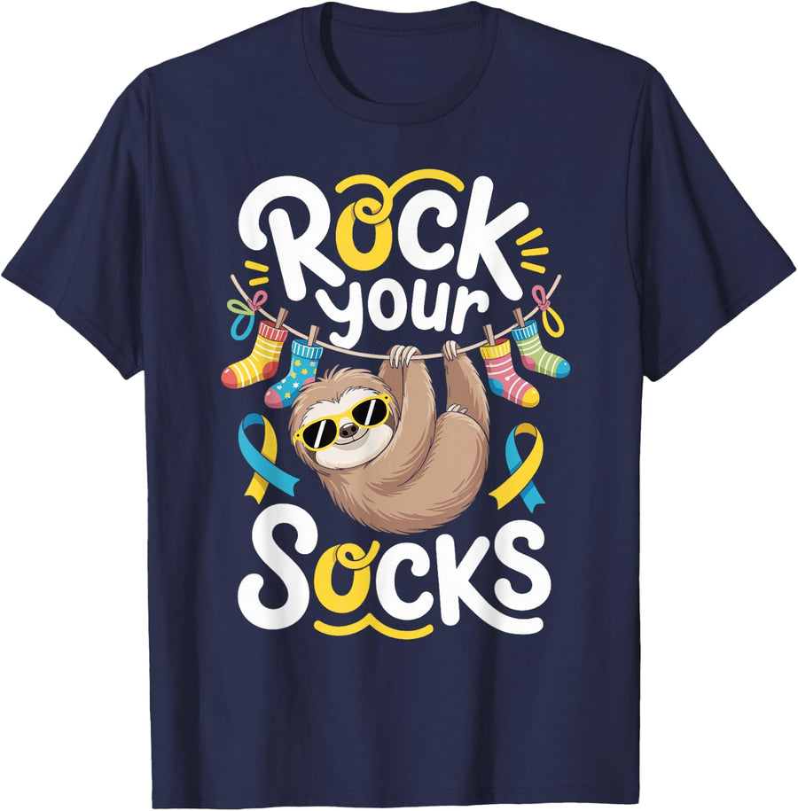 Rock Your Socks Down Syndrome Awareness Day Sloth Kids WDSD T-Shirt - Navy Blue