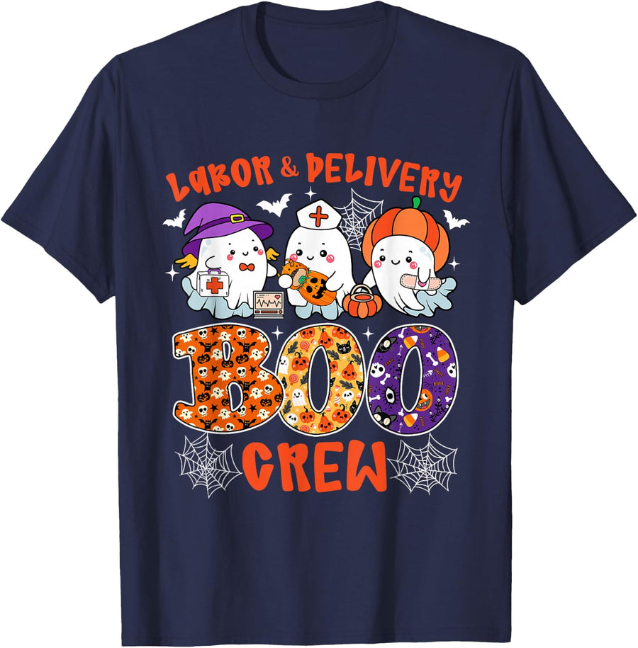 Labor & Delivery Boo Crew Ghost Pumpkin Funny Halloween T-Shirt - Navy Blue