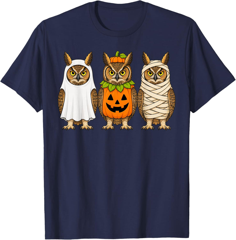 Spooky Great Horned Owl Pumpkin Ghost Halloween T-Shirt - Navy Blue
