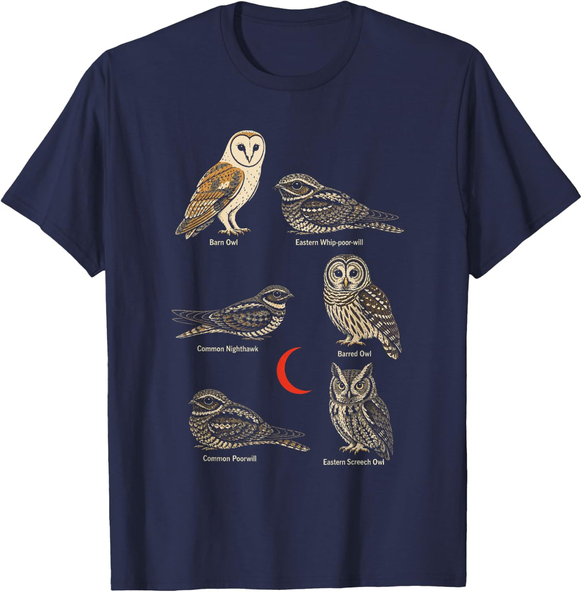 Bird Watching Owl Nighthawk Nocturnal Identification Chart T-Shirt - Navy Blue