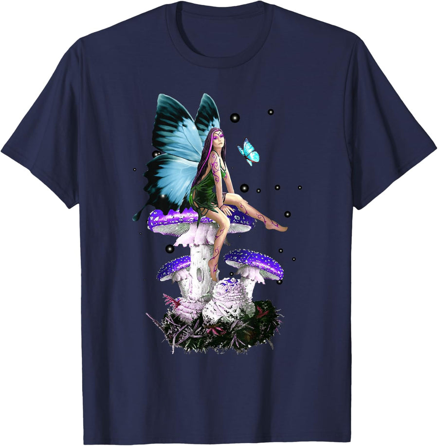 Fairycore Fairy And Mushroom Grunge Aesthetic Cottagecore T-Shirt - Navy Blue