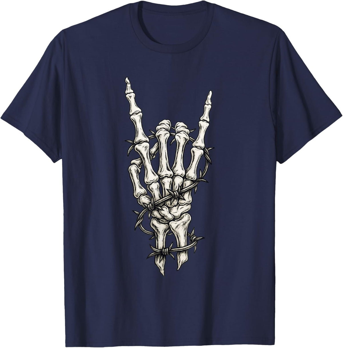 Rock On Skeleton Hand Punk Gifts Rock and Roll Band Graphic T-Shirt - Navy Blue