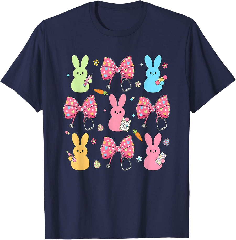 Coquette Bow Bunny Nurse Easter Day Nurse Easter Happy T-Shirt - Navy Blue