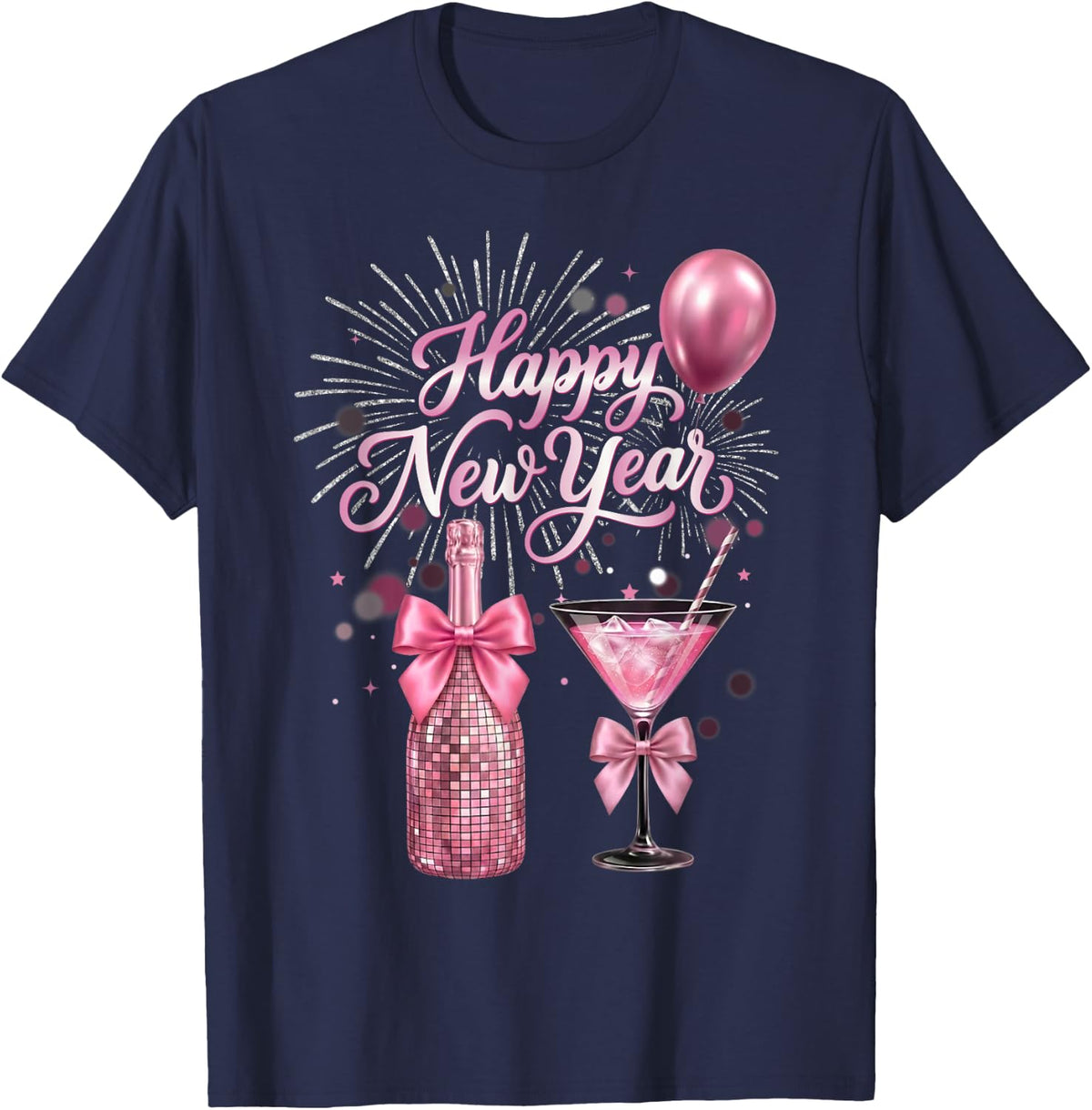 Happy New Year 2027 Pink Disco Party Celebration T-Shirt - Navy Blue