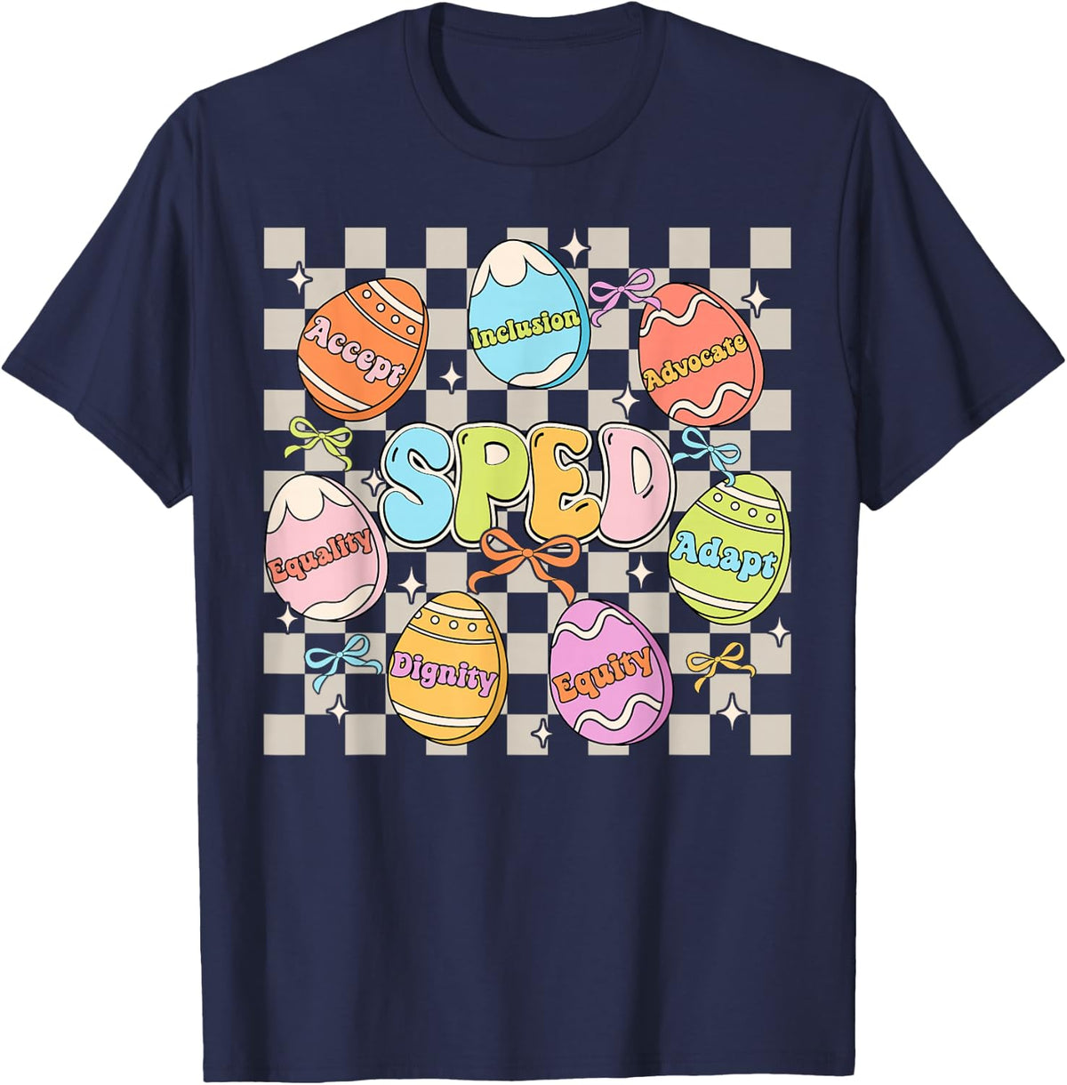 Groovy SPED Teacher Easter Bunny Egg SPED Teaching Men Women T-Shirt - Navy Blue