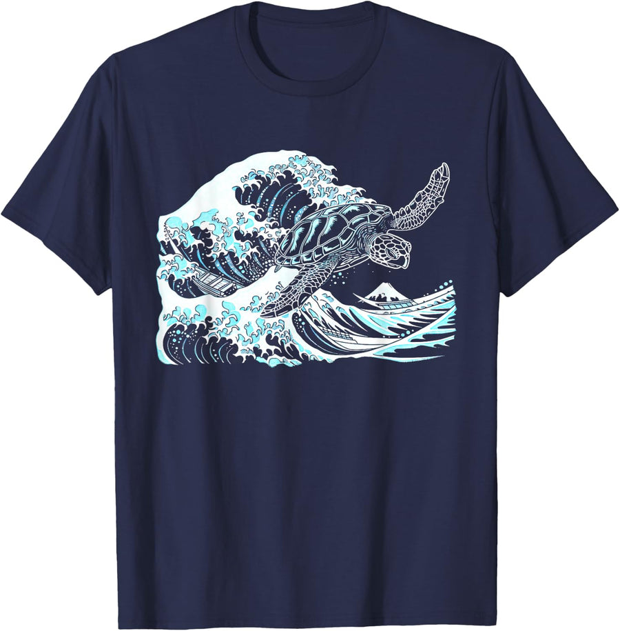 Japanese Great Wave Of Kanagawa Sea Turtle Ocean Surf Summer T-Shirt - Navy Blue