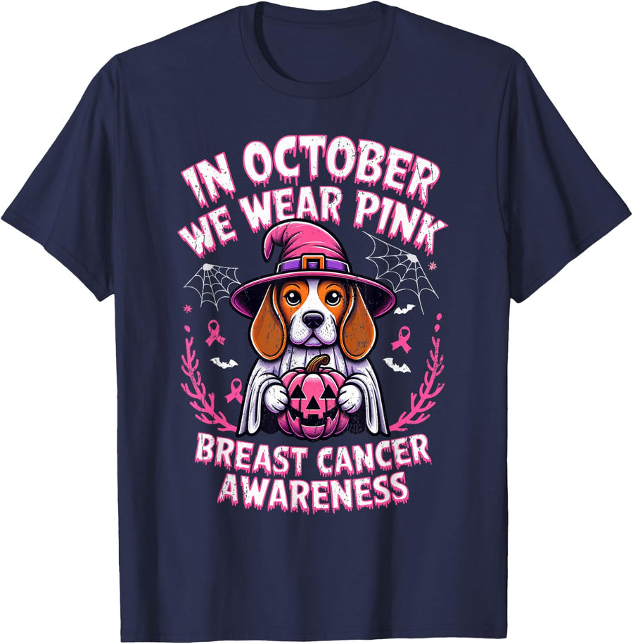 In October We Wear Pink Ghost Beagle Dog Breast Cancer T-Shirt - Navy Blue