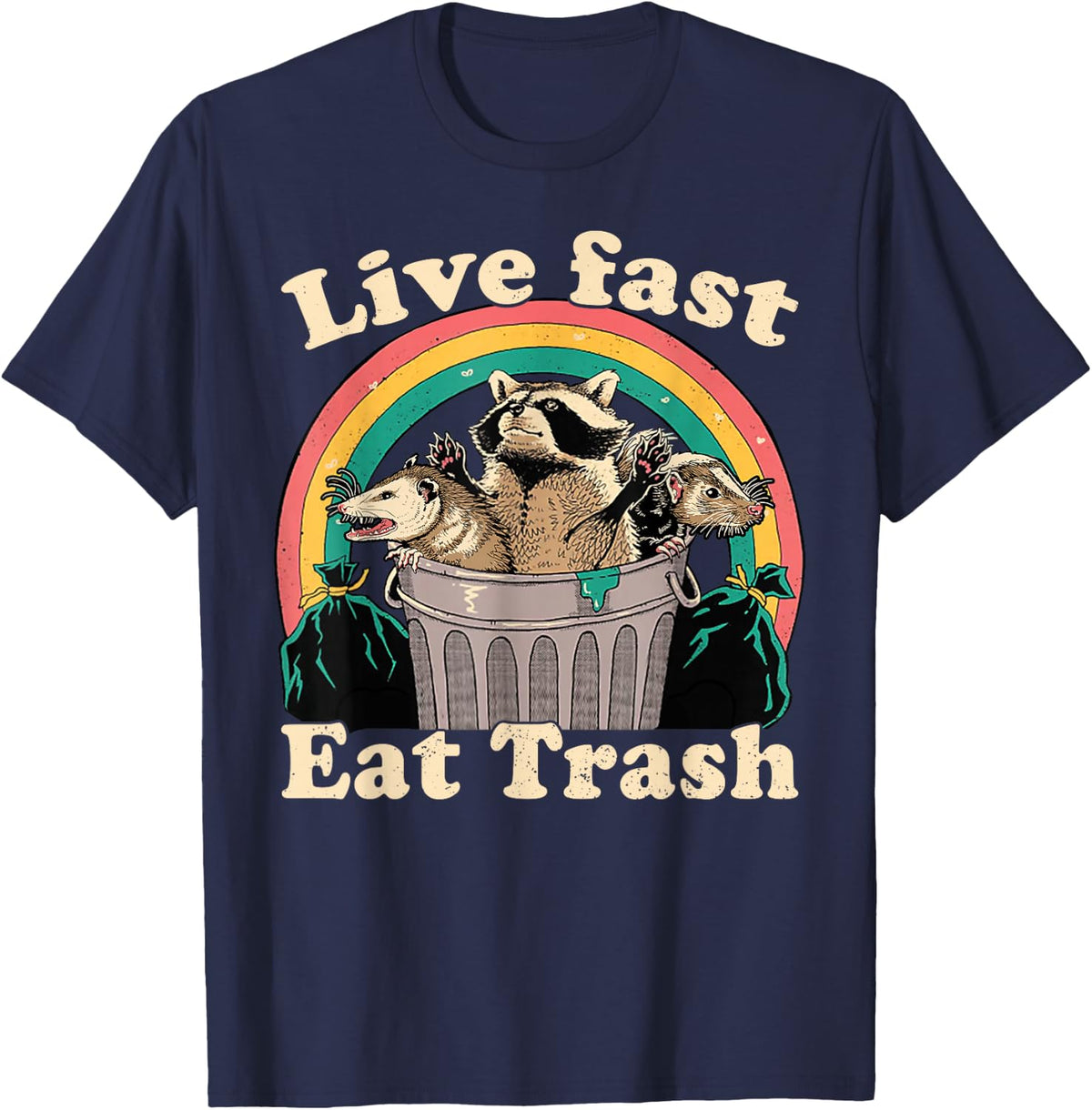Opossum Raccoon Skunk Live Fast Eat Trash Street Cats Squad T-Shirt - Navy Blue