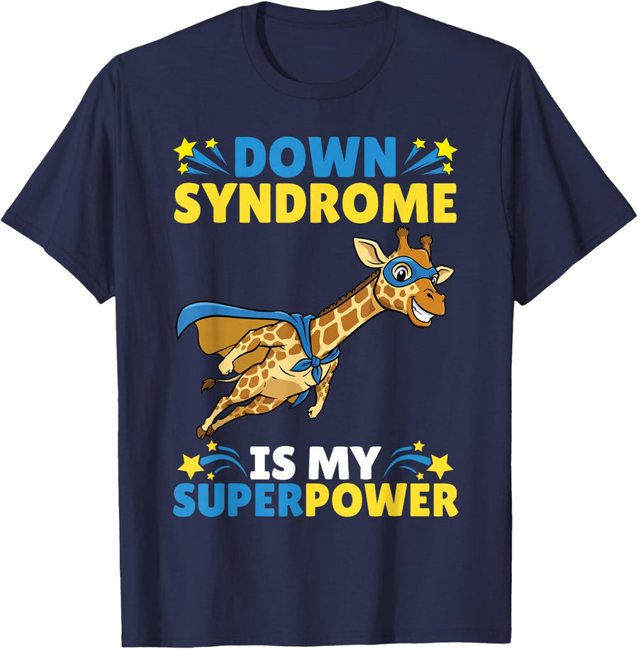 Superhero Giraffe Down Syndrome is My Superpower Awareness T-Shirt - Navy Blue