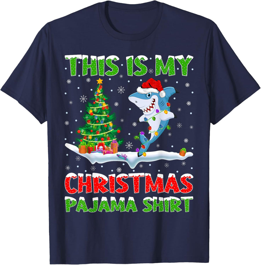This Is My Christmas Pajama Shirt Shark Fish Christmas T-Shirt - Navy Blue