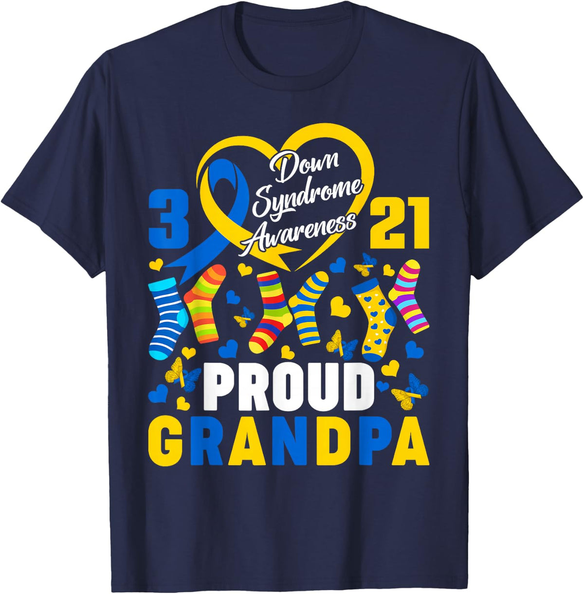 Proud Grandpa Down Syndrome Heart Yellow Blue Ribbon T-Shirt - Navy Blue