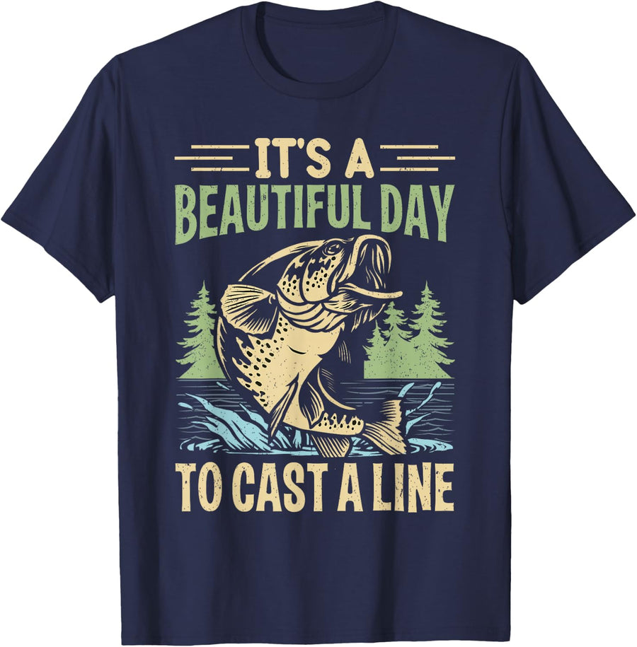 Bass Fishing Lover It's A Beautiful Day Cast Line T-Shirt - Navy Blue