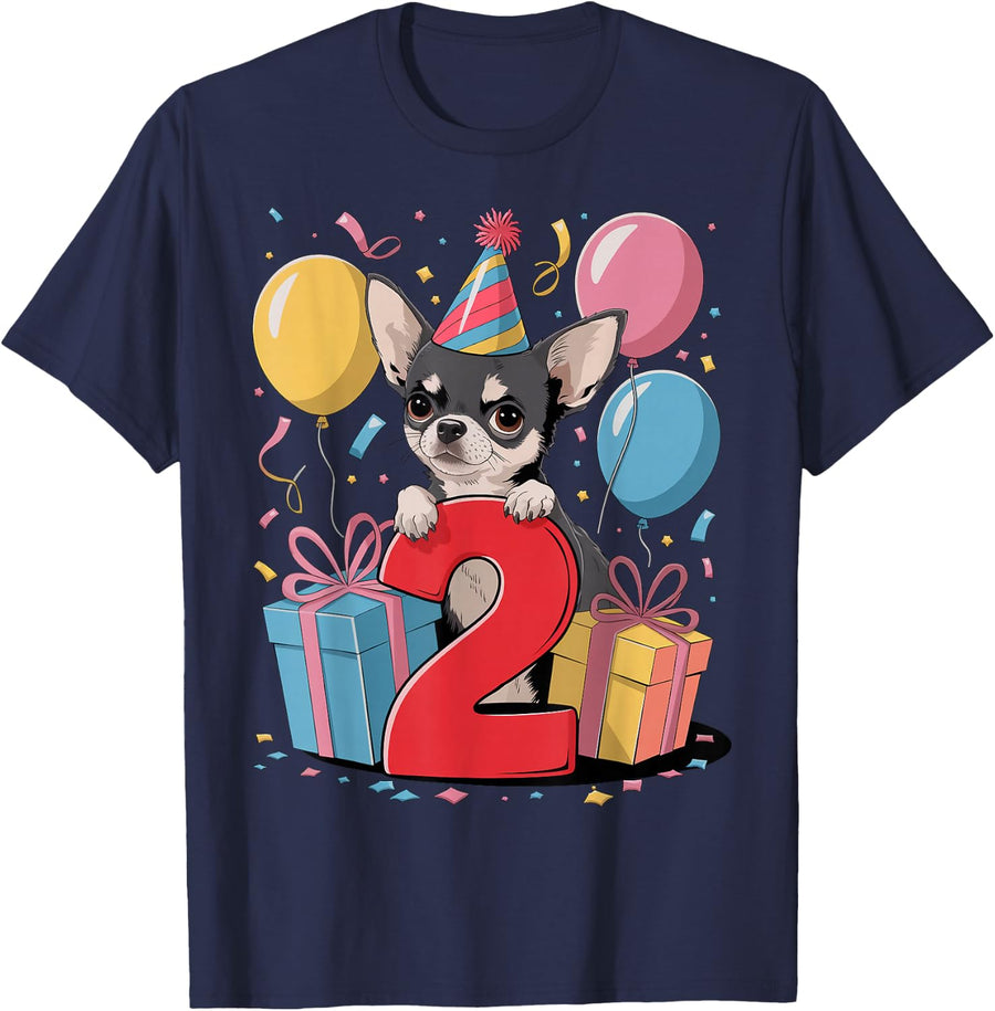 2nd birthday boy girl 2 years old two Chihuahua T-Shirt - Navy Blue