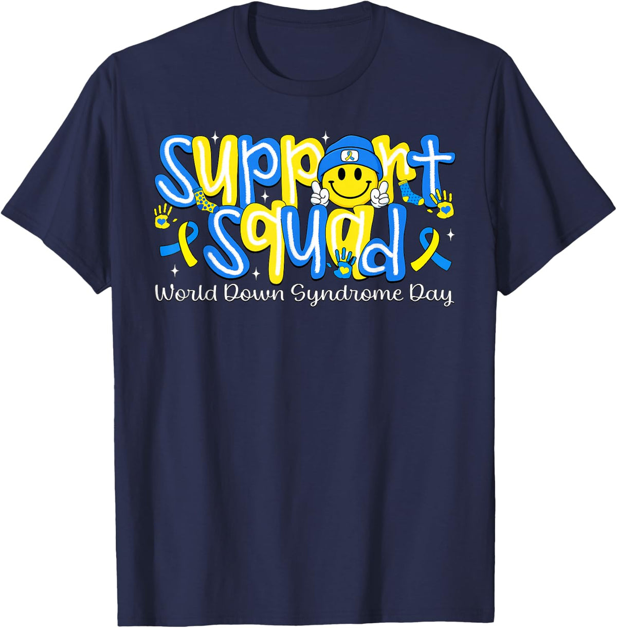 Support Squad Smile Face World Down Syndrome Awareness T-Shirt Tees for Kids Girls Boys - Navy Blue